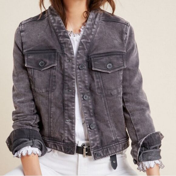 New Anthropologie Bibiana Bomber Stretch Denim Jacket Distress AcidWash Grey SP - Picture 1 of 16
